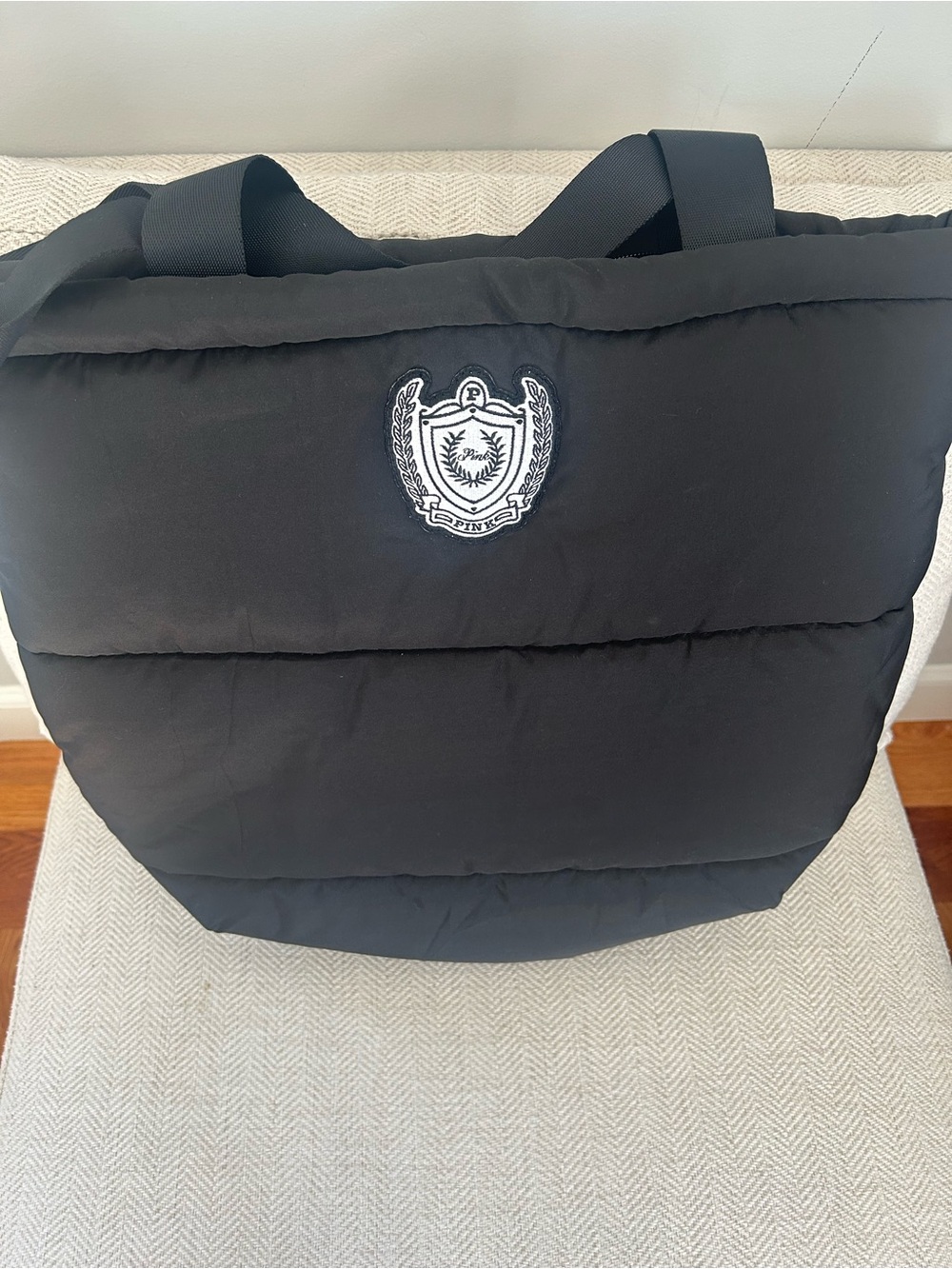 Pink Black Puffer Tote Bag with Crest -
